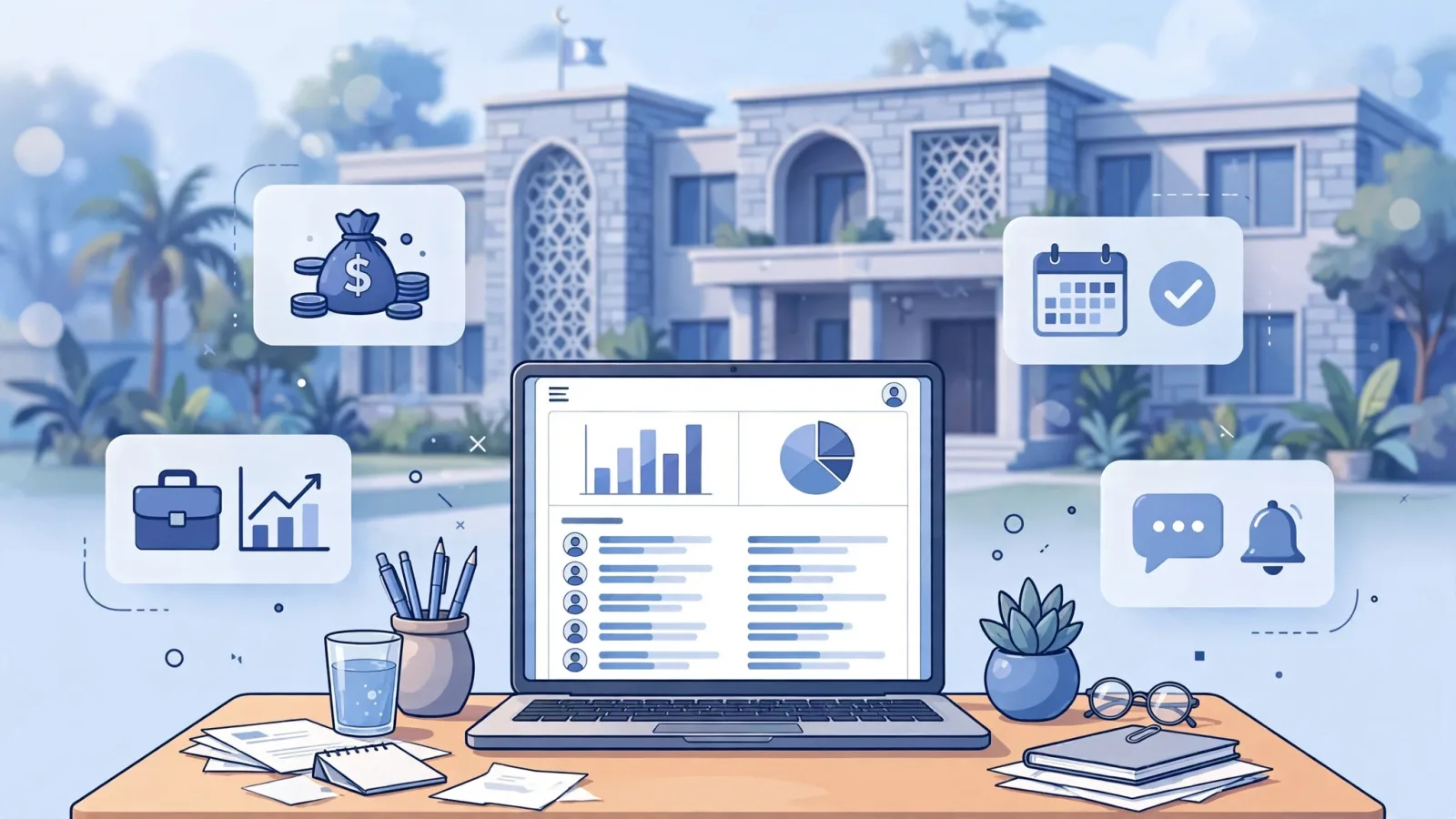 Illustration comparing school management software in Pakistan: administrator desk with dashboard laptop, fee cards, and school building
