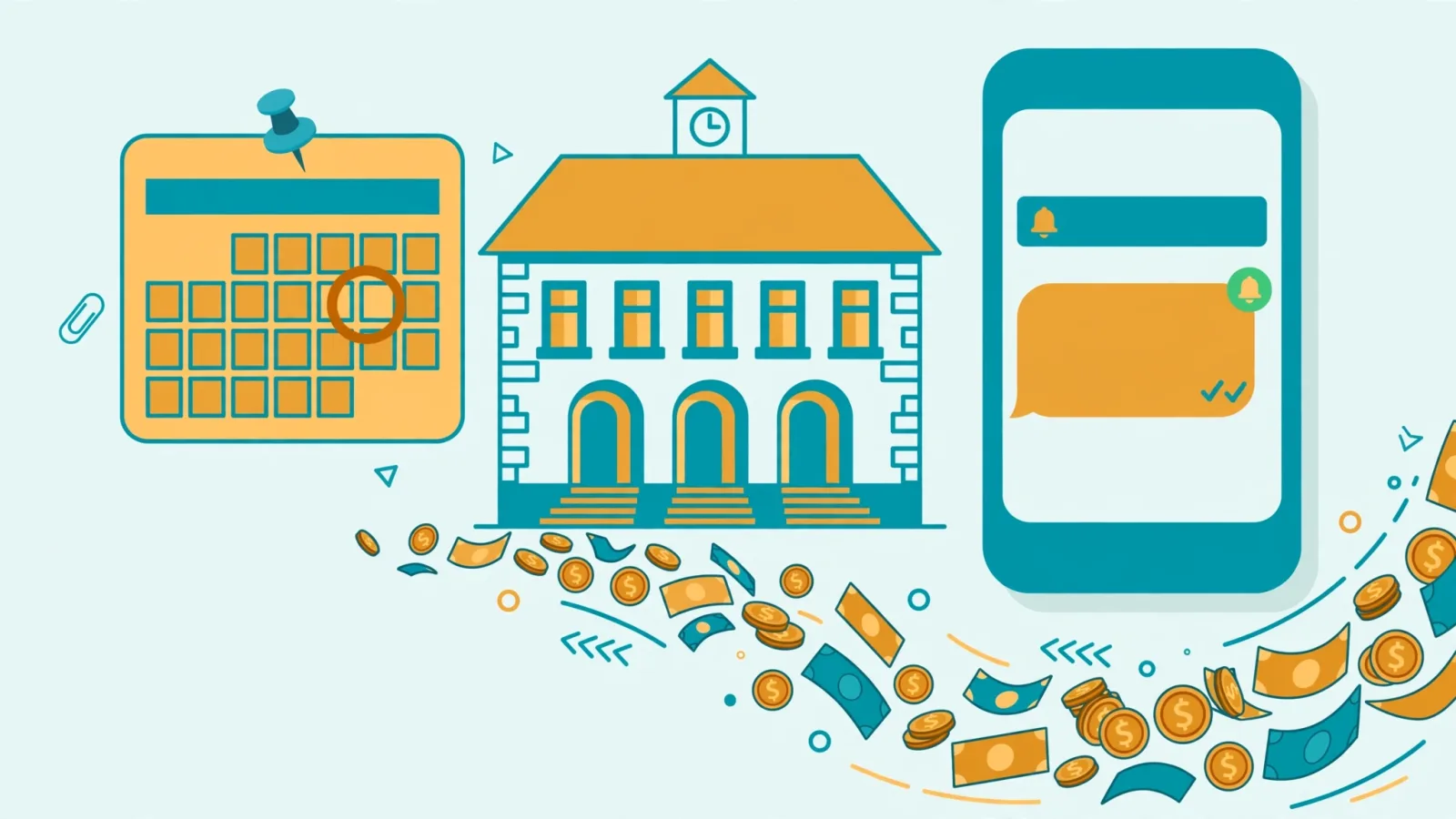 Illustration of a school building with a fee due-date calendar, a WhatsApp fee reminder on a phone, and school fee payments