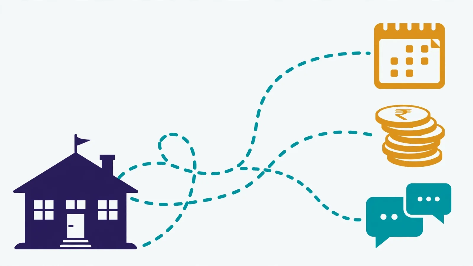 Flat illustration of automated school fee collection — billing calendar, fee reminders, and payments