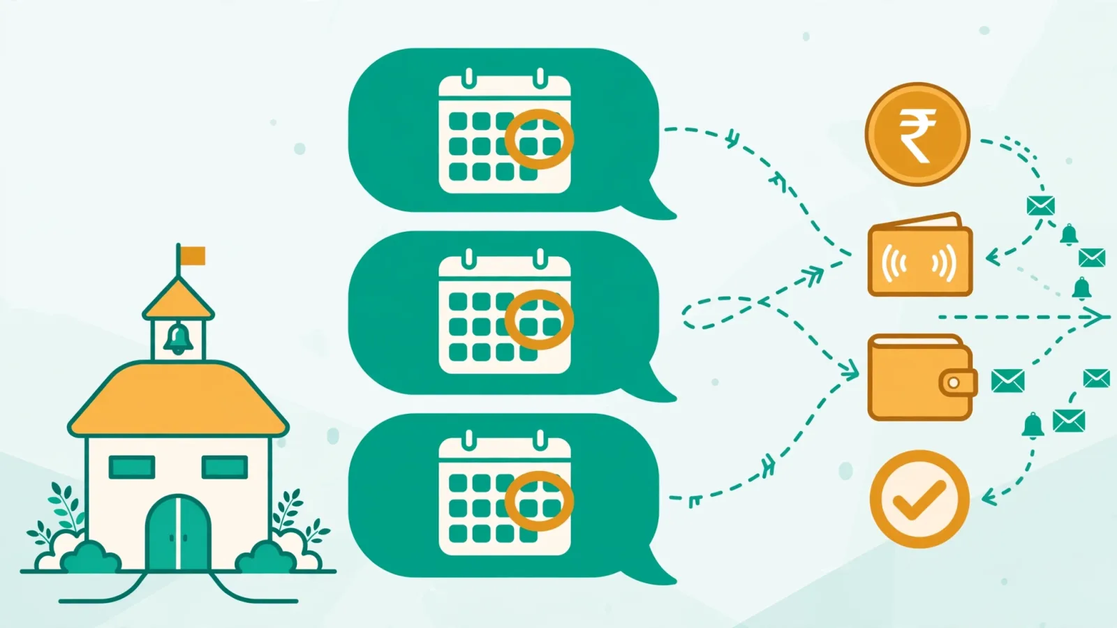 Flat illustration of automated school fee collection — billing calendar, fee reminders, and payments
